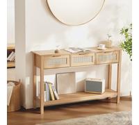 VEVOR Mesa Consola de Ratán con 3 Cajones de Almacenamiento y 1 Estante, Mesa de Entrada de Ratán con Puerta Corrediza de Ratán Natural para Sala de Estar, Entrada o Pared de TV, Color Madera