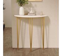 Mesa consola delgada de madera con marco de metal, acento semicircular para sala de estar y pasillo