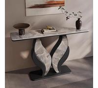 Mesa consola estrecha, losa de roca con base negra, estructura estable para entrada, pasillo, dormitorio, sala de estar, vestíbulo