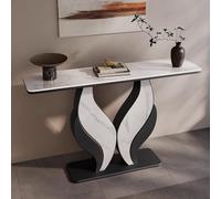 Mesa consola estrecha, losa de roca ligera de lujo con base negra, estructura estable para pasillo, dormitorio, sala de estar, vestíbulo