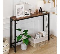 Mesa consola estrecha, mesa auxiliar con base de carga, mesa de pasillo compacta de madera y marco de metal, mesa de sofá de montaje sencillo para entrada, salón, pasillo 100 x 23 x 80 cm - marrón