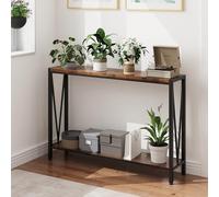 Mesa consola estrecha, mesa auxiliar con estante de almacenamiento, mesa de pasillo compacta de madera y marco de metal, mesa de sofá de fácil montaje para entrada, salón, pasillo, 110 x 25 x 76 cm