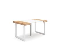 Mesa consola extensible, mesa comedor plegable, 140x90x73cm, para 6 comensales, patas madera maciza, estilo moderno, roble y blanco