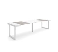 Mesa consola extensible, mesa comedor plegable, 302x90x73cm, para 14 comensales, patas madera maciza, estilo moderno, blanco y cemento