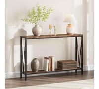 Mesa Consola industrial estrecha de 2 niveles con almacenamiento, diseño en V, 110x76x25 cm para sofá, entrada, pasillo, salón (marrón)