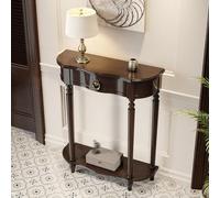 Mesa Consola Semicircular con Cajón y Estante, Mesa de Entrada Estrecha | Mesa de Sofá Vintage de Madera y Ahorro de Espacio para Pasillo, Espacios Pequeños y Recibidor(Dark brown,L80cm/31.4in)