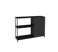 [en.casa] Mueble Recibidor Consola Mesa de Entrada Estantería de Pie con Puerta Perforada y 2-2 Compartiemtos Abiertos y Cerrados Estructura Metálica 75 x 100 x 30 cm - Negro Mate