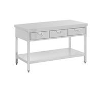 Royal Catering Mesa de Trabajo de Acero Inoxidable con 3 cajones, 150 x 60 cm, 400 kg, Acero Inoxidable, con Base