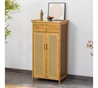 Mesa de Altar de bambú para meditación, Mueble Budista Sencillo con Espacio de Almacenamiento, nicho de Buda Chino, Puerta de ratán, Acabado en Madera, 52 x 38 x 101 cm, Ideal para prácticas