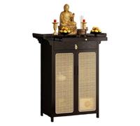 Mesa de altar de bambú vintage con almacenamiento, armario de nicho de Buda para meditación y ofrenda, diseño de puerta de ratán