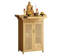 Mesa de altar de bambú vintage con almacenamiento, armario de nicho de Buda para meditación y ofrenda, diseño de puerta de ratán