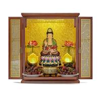 Mesa de altar de meditación de Buda de madera maciza con puertas de armario, exhibición de santuario de oración, cajón extraíble, luz LED para bodhisattva, acabado de palisandro