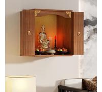 Mesa de altar de santuario montada en la pared, soporte de exhibición de estatua de Guan Gong Guan Yin Pooja de Feng Shui chino de sobremesa(Walnut(with door),50*40*60cm/19.6*15.7*23.6in)