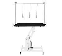Mesa de Aseo Hidráulica Altura Ajustable Capacidad de 180kg Amplia Superficie de Goma 106cm x 61cm Resistente Estructura de Acero 4 Patas Estables Adaptables 3 Lazos para Sujeción [Blanco & Negro]