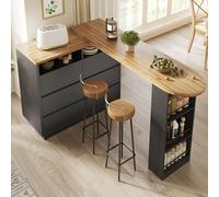 Mesa de bar extensible con espacio de almacenamiento, isla de cocina, color | Mesa alta móvil con cajón, estantes y placa giratoria para cocina, comedor y oficina en casa