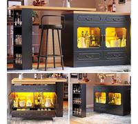 Mesa De Bar Extensible Con MDF, Giratoria 360° Con Almacenamiento y LED, Mesa Alta Telescópica, Isla De Cocina Multifunción, Adecuada Para Dormitorio Salón y Comedor, Negro, 135-203x39x92.8 cm