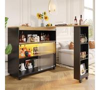 Mesa de bar extensible e isla de cocina independiente con iluminación LED, gran espacio de almacenamiento y puertas correderas, mesa alta giratoria para comedor, cocina, 138-204 cm, color negro MDF