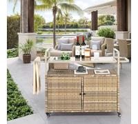 Mesa de bar para exterior, carrito de bar de mimbre con gabinete, carrito de servicio para patio con cubierta de acero, con un cubo de hielo, ruedas con cerradura, canasta lateral,B