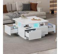 Mesa de café brillante para salón, mesa de café con luz LED, sofá con 4 cajones, mesa auxiliar con diseño geométrico 70 x 70 x 40 cm (blanco)