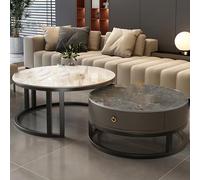 Mesa de café con círculo moderno con acabado de mármol sintético, acabado gris blanco 70 x 45 cm (extendida) 50 x 40 cm (sin extender), 2 tiradores de almacenamiento, ensamblaje fácil para sala de