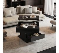 Mesa de café geométrica de 70 x 70 x 45 cm, parte superior giratoria 360°, mesa de centro elevable con 1 cajón, mesa de salón de alto brillo con espacio de almacenamiento oculto, mesa auxiliar, color