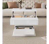 Mesa de café geométrica de 70 x 70 x 45 cm, parte superior giratoria 360°, mesa de centro elevable con 1 cajón, mesa de salón de alto brillo con espacio de almacenamiento oculto, mesa auxiliar, color