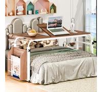 Mesa de cama con ruedas, escritorio sobre la cama con altura ajustable, escritorio inclinable y estante lateral, escritorio móvil para laptop, comer, leer y amamantar, mesa de madera con cerradura