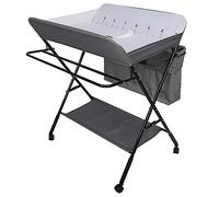 Mesa de cambiador plegable y portátil con cesta de almacenamiento, mesa cambiadora con 4 ruedas y cinturón de seguridad, ajustable en altura, 80 x 66 x 98 cm (gris - blanco)