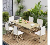 Mesa de camping plegable, portátil y enrollable para un almacenamiento compacto, mesa de picnic con 6 sillas de camping, para jardín, barbacoa, patio trasero, amarillo