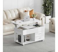 Mesa de centro 4 en 1 de alto brillo con almacenamiento abierto y oculto, 2 cajones, altura ajustable, mesa retráctil, dimensiones 95 x 100 x 72,5 cm