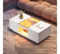Mesa de centro blanca 100 x 50 x 35,5 cm, con revestimiento de cristal, iluminación LED, control de aplicación, 2 cajones y 1 compartimento abierto