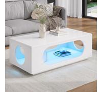 Mesa de centro con LED y control por aplicación, 100 x 50 x 35 cm, color blanco brillante, mesa de sofá con gran espacio de almacenamiento y gestión de cables, mesa auxiliar para salón, mesa de café