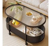Mesa De Centro con Ruedas De Vidrio Templado,Moderna Mesa Auxiliar Móvil con Cesta De Almacenamiento & Marco De Metal, Mesa Decorativa para Sala De Estar O Dormitorio(Black,60 * 40 * 50cm)