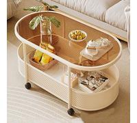 Mesa De Centro con Ruedas De Vidrio Templado,Moderna Mesa Auxiliar Móvil con Cesta De Almacenamiento & Marco De Metal, Mesa Decorativa para Sala De Estar O Dormitorio(White+Brown,70 * 40 * 50cm)