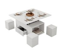 Mesa de centro con tablero ajustable en altura y espacio de almacenamiento oculto, mesa auxiliar, mesa de café, mesa de café con 4 taburetes y cajones para salón, 100 × 100 × 60 cm