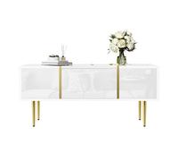 Mesa de centro contemporánea con superficie lisa y prácticos compartimentos de almacenamiento, combinación de cuerpo de MDF y detalles dorados estables, elegante centro de mesa para un diseño moderno