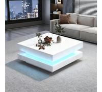 Mesa de centro cuadrada de 70 x 70 cm con LED Bluetooth, moderna mesa de alta tecnología en color blanco, soporta hasta 45 kg, acogedora y funcional para tu salón
