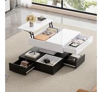 Mesa de centro de 70 x 70 x 40 cm con tablero giratorio de 360°, mesa de salón de doble capa con 3 cajones, mesa de café geométrica brillante, mesa de sofá elevable, mesa auxiliar con espacio de