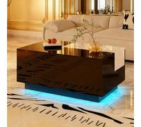 Mesa de centro de alto brillo con iluminación LED, mesa extensible en blanco y negro, espacio de almacenamiento oculto y banda de luz ajustable de 16 colores (negro)