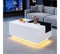 Mesa de centro de alto brillo con iluminación LED, mesa extensible en blanco y negro, espacio de almacenamiento oculto y banda de luz ajustable de 16 colores (blanco)