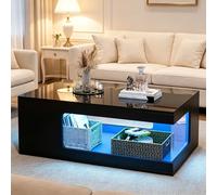 Mesa de centro de salón de 50 x 100 x 35 cm, mesa de té calada, gran mesa de café brillante con estantes de cristal templado en ambos lados, mesa auxiliar con barra de luz LED, negro, tablero de