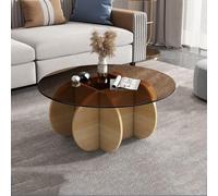 Mesa de Centro de Vidrio Triangular Irregular Moderna Mesa Redonda con Base de Madera Maciza Elegante Central para Sala de Estar y Patio Mesa Lateral de té Templado Transparente en Nogal