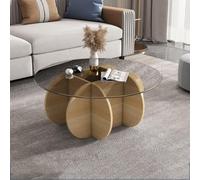 Mesa de Centro de Vidrio Triangular Irregular Redonda con Base de Madera Maciza Moderna Mesa Central para Sala de Estar y Patio Mesa Lateral de té templada Transparente en Nogal y Blanco.