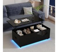Mesa de Centro Elevable, Mesas de Café Extensible con Luz LED y Puerto USB, Alto Brillo Mesa de Salon, Almacenamiento Oculto, Mesa Auxiliar para Salón, Oficina, 100x50x35cm, Negro
