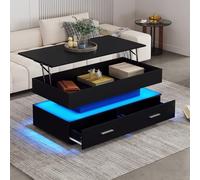Mesa de centro hidráulica ajustable en altura, con iluminación LED, control por aplicación Bluetooth, 2 cajones y espacio de almacenamiento abierto, mesa de centro elevable 100 x 50 x 44 cm (negro)