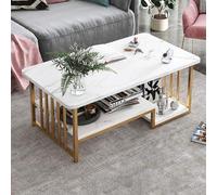 Mesa de centro industrial de dos niveles, estilo medio del siglo, mesa de centro rectangular de mármol blanco con almacenamiento, ideal para salón o apartamento, color blanco, a