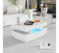 Mesa de centro LED con 4 cajones, Mesas de centro de salón moderno, mesa de salón rectangular, estante de exposición abierta, superficie con luz alta, colores luces ajustables, 80 x 50 cm (blanco)