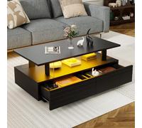 Mesa de centro LED negra con función de almacenamiento, mesa de salón LED de acrílico, mesa bistell, mesa de centro rectangular de doble capa con control de aplicación de teléfono Bluetooth, adecuada