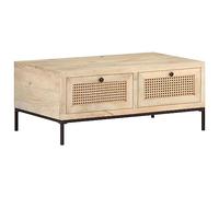 Mesa de Centro Madera Maciza Mango y caña Natural 90x50x37 cm,Mesa de Centro de Madera Maciza de Mango con Almacenamiento y Tejido Rústico para Salón Mesillas de Noche