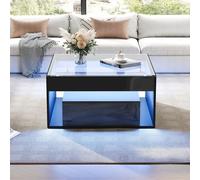 Mesa de centro, mesa auxiliar con 2 cajones, mesa de sofá, mesa de café brillante, mesa de salón con diseño calado, escritorio y mesa de comedor de cristal templado con LED 70 x 70 x 35 cm (negro)